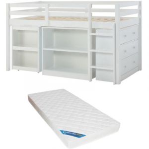 Vente-unique - Lit combiné 90 x 190 cm avec rangements et bureau extensible - Pin et mdf - Blanc + Matelas - abreno