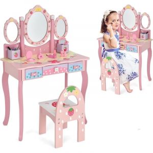 GOPLUS Ensemble de Coiffeuse et Tabouret pour Enfant avec 3 Miroirs Amovibles,3 Tiroirs et 2 Boîtes de Rangement,Rose