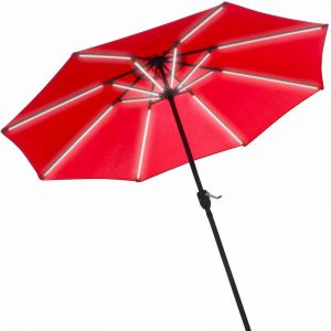 Image de SkyLantern Parasol de Jardin Lumineux Solaire Rouge Ø 270 cm - Tube Aluminium 38 MM Noir - Toile Parasol en Polyester 180g/m2 UV 50-16 Tubes LED Blanc Chaud - Panneau Solaire 1,8W Inclus