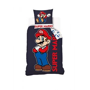 MARIO - Housse de couette Super Mario 140x200 cm + 1 Taie D'Oreiller 63x63 cm - 100% Coton - Bleu Marine