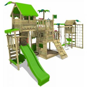 Image de Fatmoose Aire de jeux Portique bois PacificPearl avec balançoire TowerSwing et toboggan vert pomme Maison enfant exterieur