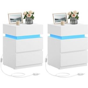 VASAGLE Table de Chevet Lot de 2 avec Bande LED Multicolore R&eacute;glable 3 Tiroirs Table d&rsquo;Appoint 35 x 40 x 55 cm Blanc Nuage