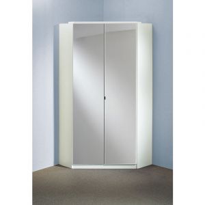 Pegane Armoire d‘angle, meuble de rangement avec miroir coloris blanc cassé, blanc - Longueur 95 x Hauteur 198 x Profondeur 95 cm -
