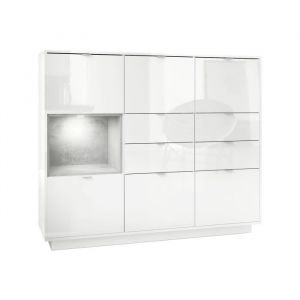 Buffet haut Metro V2 Cabinet Commode Blanc haute brillance insert color&eacute; - Insertion en Aspect B&eacute;ton Oxyde avec &eacute;clairage led - Insertion en Aspect