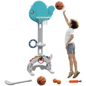 Panier de basket-ball pour enfants - AIYAPLAY - 5 en 1 - hauteur r&eacute;glable - HDPE et PP - 46 x 51 x 134-152 cm - bleu et gris