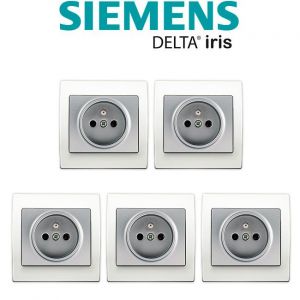 Siemens LOT 5 Prise 2P+T Silver Delta Iris + Plaque basic Blanc