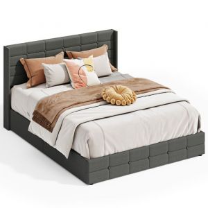 Lit Coffre Double 160 x 200 cm Bealife avec Syst&egrave;me de Rangement Hydraulique T&ecirc;te de Lit Capitonn&eacute;e Sommier &agrave; Lattes en Bois Cadre en M&eacute;tal Gris Fonc&eacute;