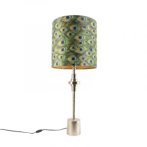 Qazqa Lampe de table Art Déco abat-jour velours doré motif paon 40 cm - Diverso