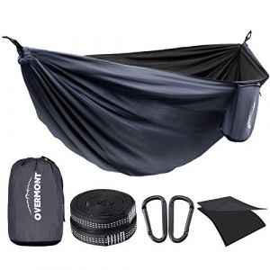 OVERMONT Hamac Jardin Exterieur Voyage Ultra-l&eacute;ger Double Couche Durable en Parachute Nylon Max Payload 400KG|270x140cm |2 Mousquetons|2 Sangles|Hamac de Camping Randonn&eacute;e Trekking (Noir)
