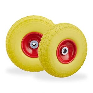 Relaxdays Roue de diable, lot de 2, caoutchouc, 260x85 mm, increvables, 16 mm, 4.1/3.5-4 essieu, jusqu'à 150 kg, jaune-rouge