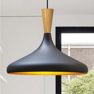 Bamyum Champion Lampe à Bois Suspension Moderne en Metal de 35 cm, Lustre de Salon, Chambre, Cuisine, Suspension Luminaire Plafonnier, Éclairage de Plafond, Lampe Suspendue Noir