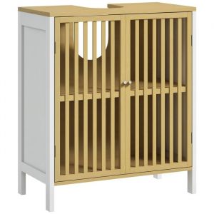 Homcom Meuble sous vasque 2 portes avec &eacute;tag&egrave;re r&eacute;glable armoire de rangement pour lavabo 60 x 30 x 70 cm MDF et bambou