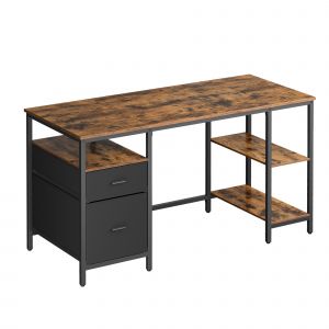 Bureau d’ordinateur 3 étagères 2 tiroirs marron rustique et noir