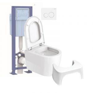 Duravit Pack WC suspendu compact sans bride Me by Starck abattant frein de chute + bati support SIAMP + Plaque blanche + tabouret