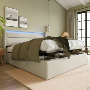 Lit coffre double pour adulte 160x200cm en simili cuir avec led, Coffre de rangement, Sommier à lattes inclus, Contemporain, Blanc