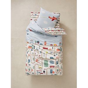Vertbaudet Parure Housse de Couette + taie d'oreiller Enfant Auto-City Beige imprim&eacute; 140X150 - TAIE 63X63