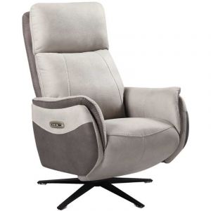 Fauteuil relax &eacute;lectrique pivotant tissu micro peau brun taupe et beige mastic - SANGY