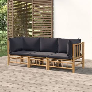 VidaXL Salon de jardin 3 pcs avec coussins gris foncé bambou Brun