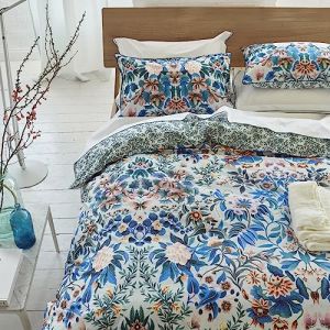 Designers Guild Housse de couette imprimée en percale de coton, Ikebana Damask Bleu - Couleur Bleu - Taille 200 x 200 cm