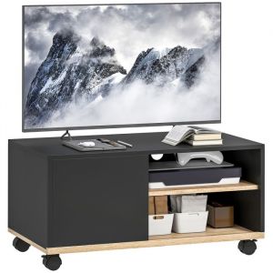 Homcom Meuble tv sur roulettes avec 2 freins - 2 niches + placard porte 2 passe-fil - panneaux particules noir chêne clair