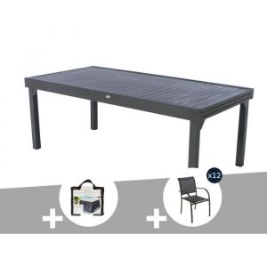 Hesperide Table extensible rectangulaire alu Piazza 10/12 places Graphite + Housse + 12 chaises Piazza
