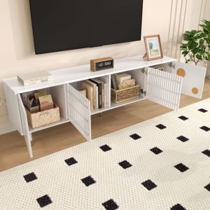 Meuble TV 4 portes avec rangement, meuble bas, adapt&eacute; au salon et &agrave; la chambre, 5 pieds, 170&times;36&times;54cm, MDF, blanc