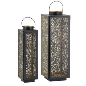 Aubry Gaspard Lanternes en m&eacute;tal laqu&eacute; noir carr&eacute;e motif feuilles (lot de 2)
