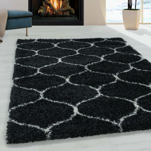 SALMA - Tapis &agrave; poils longs et motifs Alhambra - Noir et Blanc 080 x 150 cm