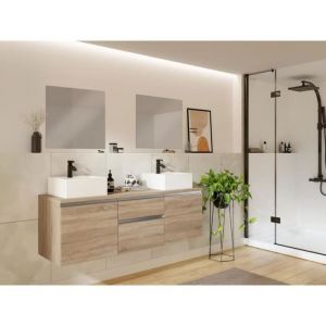 Meuble de salle de bain suspendu avec double vasque et miroirs - Naturel clair - 150 cm - JIMENA II