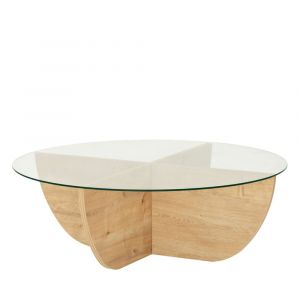 DRAWER Table basse ronde en verre trempé et bois ø90cm - Bois clair - Lila