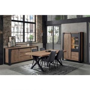 CLODIUS - Ensemble Séjour Complet et Table 200 cm Aspect Bois Finition Scarlet Piètement X Métal Noir - Altobuy