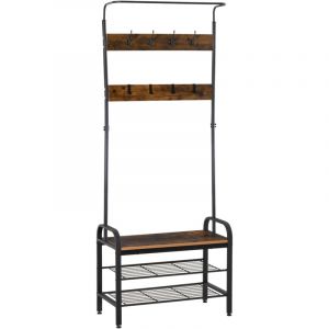 Homcom Vestiaire d'entrée style industriel - 4 patères doubles + 4 simples - tringle, banc, 2 étagères - métal noir effet bois vieilli