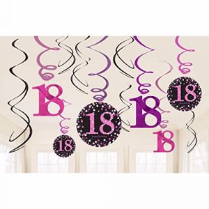 Amscan Kit de décoration pour 18ème anniversaire Swirl Lot de 12 Film spirales à suspendre Rose Glitter
