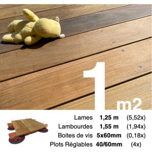 Image de Kit complet terrasse bois exotique IPE pour 1 m², Lames 1,25 m, lambourdes 2,75 m, plots réglables et visserie Inox