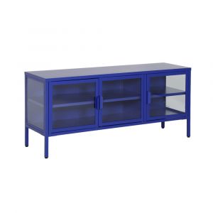 Meuble tv industriel m&eacute;tal et verre tremp&eacute; 3 portes 120cm bleu