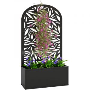 Outsunny Jardini&egrave;re avec treillis - brise-vue d&eacute;coup&eacute; en feuilles - &agrave; fixer au mur ou au sol - cadre en m&eacute;tal - 61x23x113cm - noir