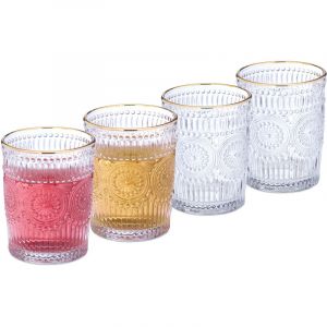 Relaxdays Lot de 4 verres avec motifs, 300 ml, vintage, bord doré, jus fruits, lavables au lave-vaisselle, transparents