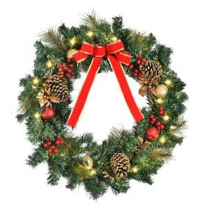 Homcom Couronne de Noël artificielle lumineuse - Décoration de Noël LED - Ø 60 cm 20 LED blanc chaud - décoration incluse 60x10x60cm Vert