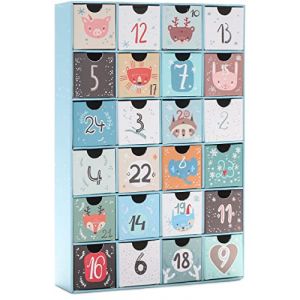 Brubaker Calendrier de l'Avent réutilisable - 24 Tiroirs à remplir - Calendrier de Noël en Carton - Hauteur 32,5 cm - Bleu/Animaux mignons