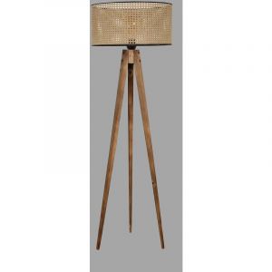 Cotecosy Lampadaire trépied Lunctura H153cm Bois Naturel et Tissu cannage Beige