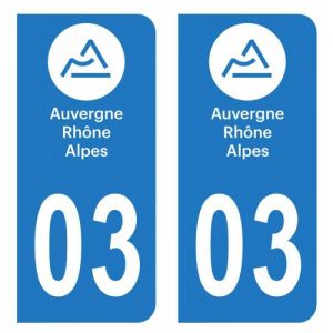 Lot 2 Autocollants Stickers plaque immatriculation voiture auto d&eacute;partement 03 Allier Logo R&eacute;gion Auvergne-Rh&ocirc;ne-Alpes