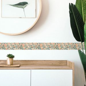 Plage Frise d&eacute;corative adh&eacute;sive, fleurs pastels, feuillage, beige, vert, rose pastel, 9 cm x 300 cm