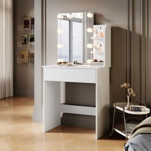 Sirhona Coiffeuse Avec Miroir Led 3 Couleurs Luminosite Reglable Table De Maquillage Avec Grands Tiroirs Et Etageres De Rangement, 70x40x140cm Blanche