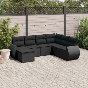Salon de jardin 7 pcs avec coussins noir r&eacute;sine tress&eacute;e