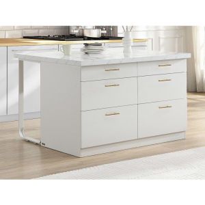 Ilot central de cuisine avec 6 tiroirs en MDF et m&eacute;tal - Effet marbre blanc - ALEGRITA