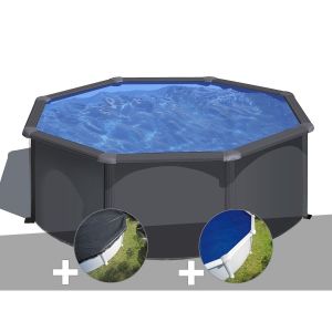 Image de Gre Kit piscine acier gris anthracite Louko ronde 3,20 x 1,22 m + Bâche d'hivernage + Bâche à bulles