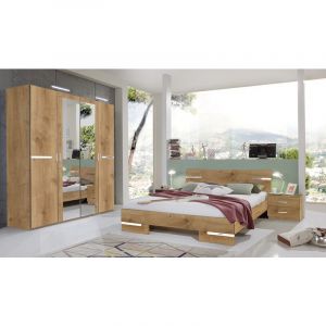 Pegane Chambre &agrave; coucher compl&egrave;te adulte (lit 160x200 cm + 2 chevets + armoire), coloris imitation ch&ecirc;ne poutre/chrome brillant