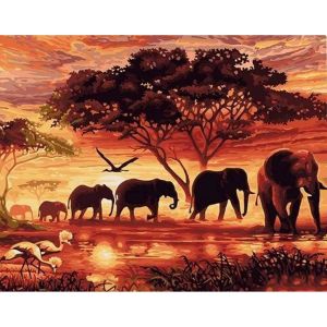 Figured'Art Peinture par Num&eacute;ro Adulte El&eacute;phants au Coucher du soleil - Activit&eacute; Manuelle Kit de Loisir Cr&eacute;atif DIY Num&eacute;ro d'Art Complet - 40x50cm sans ch&acirc;ssis en bois