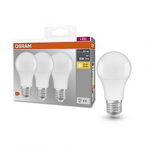 Osram Base Classic A 60 Fr LED lampe avec base E27, forme de piston, 3 pack, 8,5 W, 806lm, 2700k, lumière blanche chaude, développement de la chaleur inférieure, longue durée de vie
