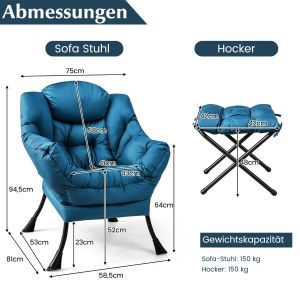 Fauteuil côtier avec relief et accoudoir & pochette latérale et repose-pieds fauteuil relax bleu